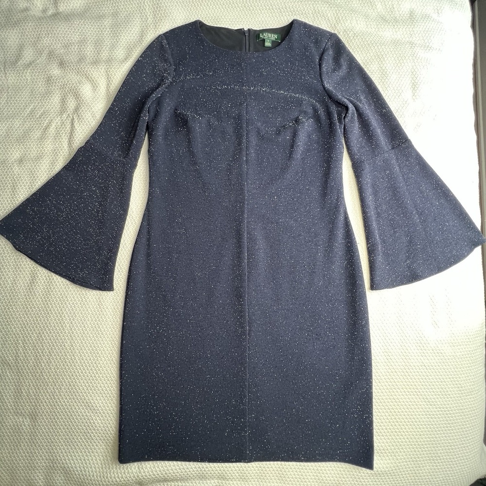 Lauren‎ Ralph Lauren Dress Womens 8 Navy Blue Bell Sleeve Metallic Sheath Party